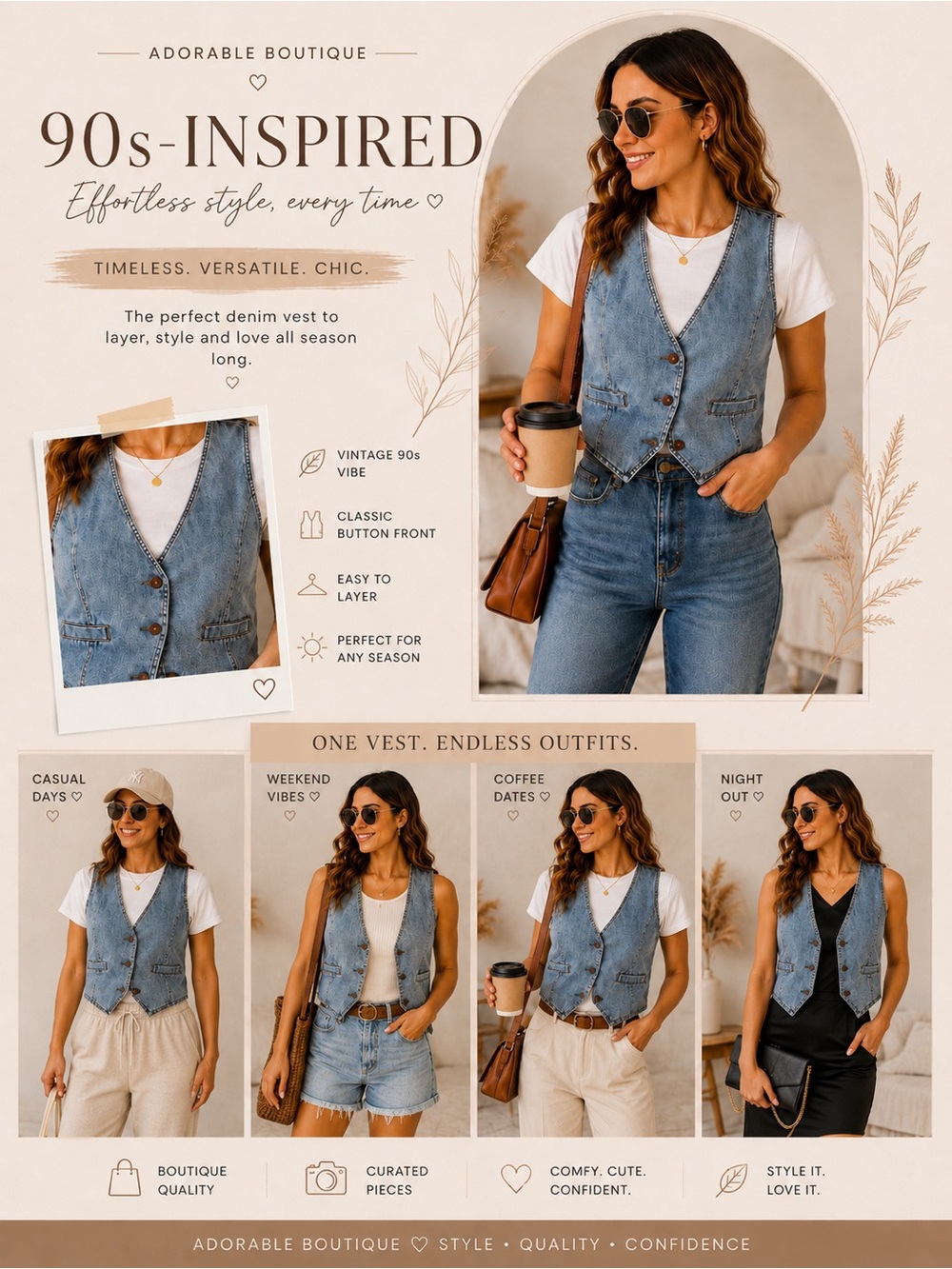 Denim Button Front Vest Vintage-Inspired
